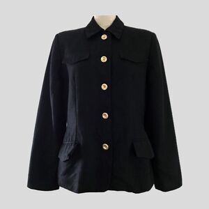 Vintage 90s Minimalist Black Linen Gold Buttons Blazer Womens Jacket 8